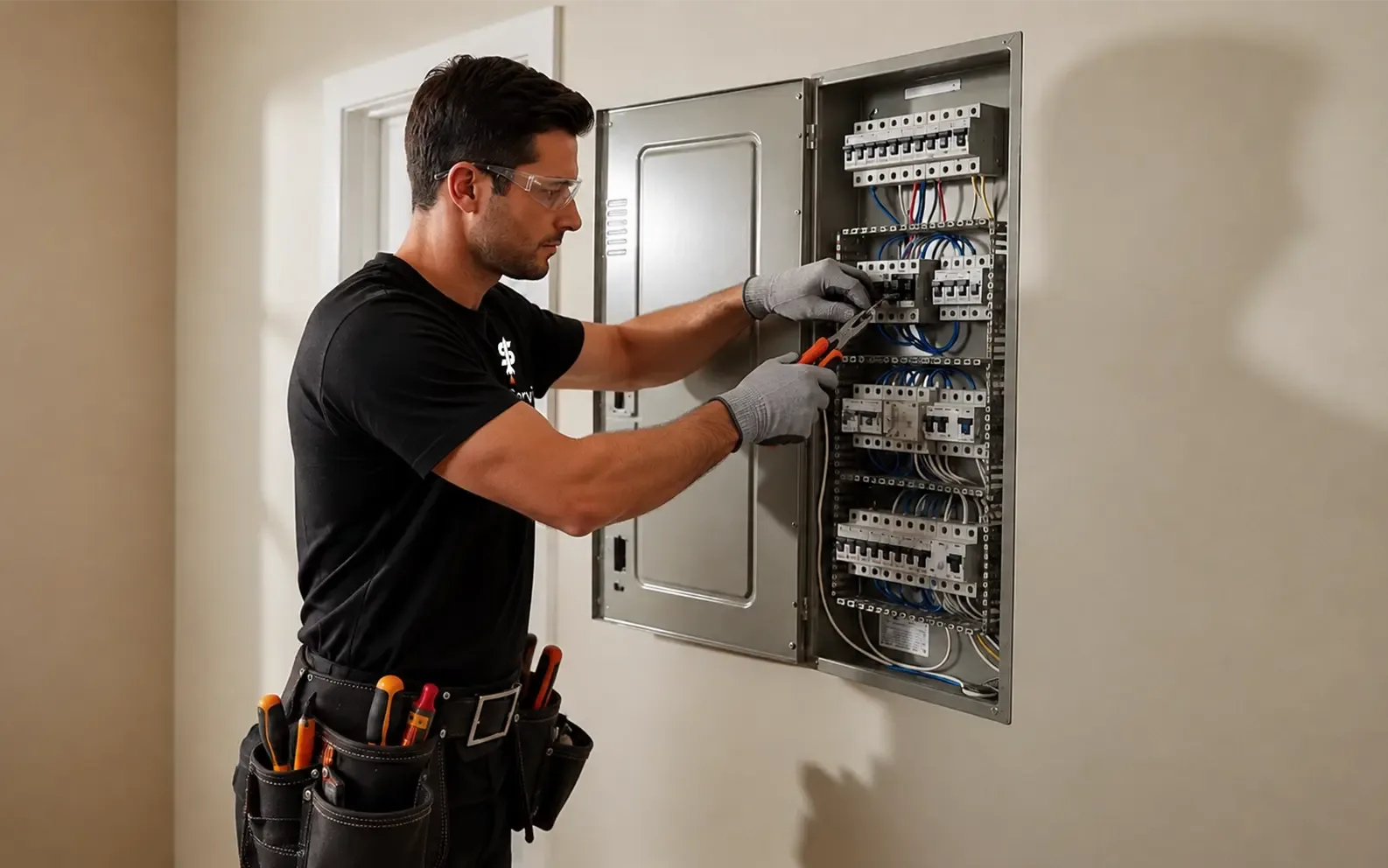 Electricista trabajando en un panel